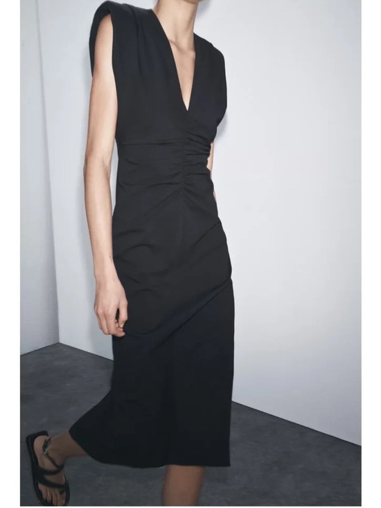Zara Dresses & Skirts - ZARA ZW Collection Ruched Black Midi Dress w/ Shoulder Pads - XS
